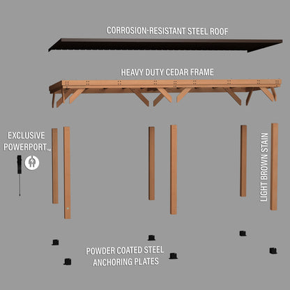 Backyard Discovery Arcadia 20' x 9.5' Cedar Wood Outdoor Gazebo Pavilion with Hardtop Galvanized Steel Slope Roof, Snow Support, Wind Resistance, PowerPort, Shade for Garden, Patio, Deck, Entertaining