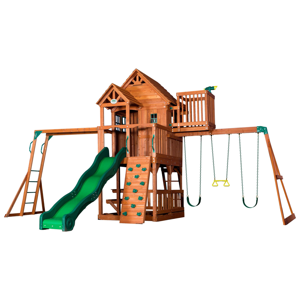 Backyard Discovery Skyfort II Cedar Wood Swing Set with Wave Slide, Raised Clubhouse, Crow's Nest, Monkey Bars, Balcony, Belt Swings, Trapeze, Rock Wall, Picnic Table, Sandbox, Ladder, Outdoor Playset