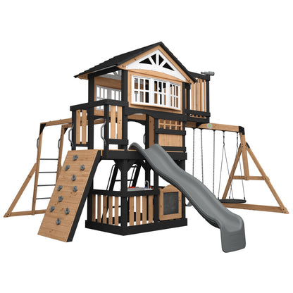 Backyard Discovery Rosewood Falls Cedar Wood Swing Set with Monkey Bars, Clubhouse, Crow's Nest, Play Kitchen, Wave Slide, Rock Wall, Belt Swings, Web Swing, Half Door, Chalkboard, Outdoor Playset