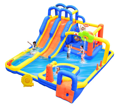 WELLFUNTIME 14 in 1 Inflatable Water Park with 3 Slides Bounce House, Dartboard, Ring Toss Game, 650W Blower, Backyard Waterslide for Kids