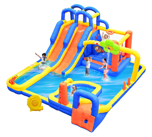 WELLFUNTIME 14 in 1 Inflatable Water Park with 3 Slides Bounce House, Dartboard, Ring Toss Game, 650W Blower, Backyard Waterslide for Kids