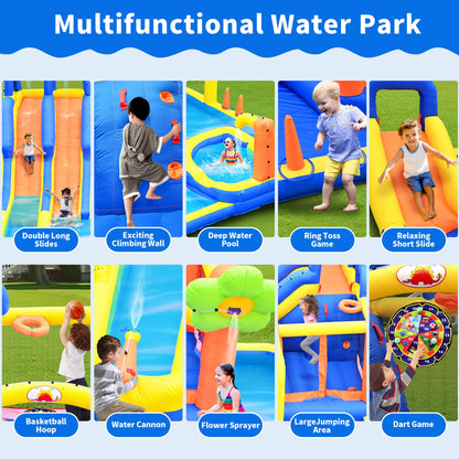 WELLFUNTIME 14 in 1 Inflatable Water Park with 3 Slides Bounce House, Dartboard, Ring Toss Game, 650W Blower, Backyard Waterslide for Kids
