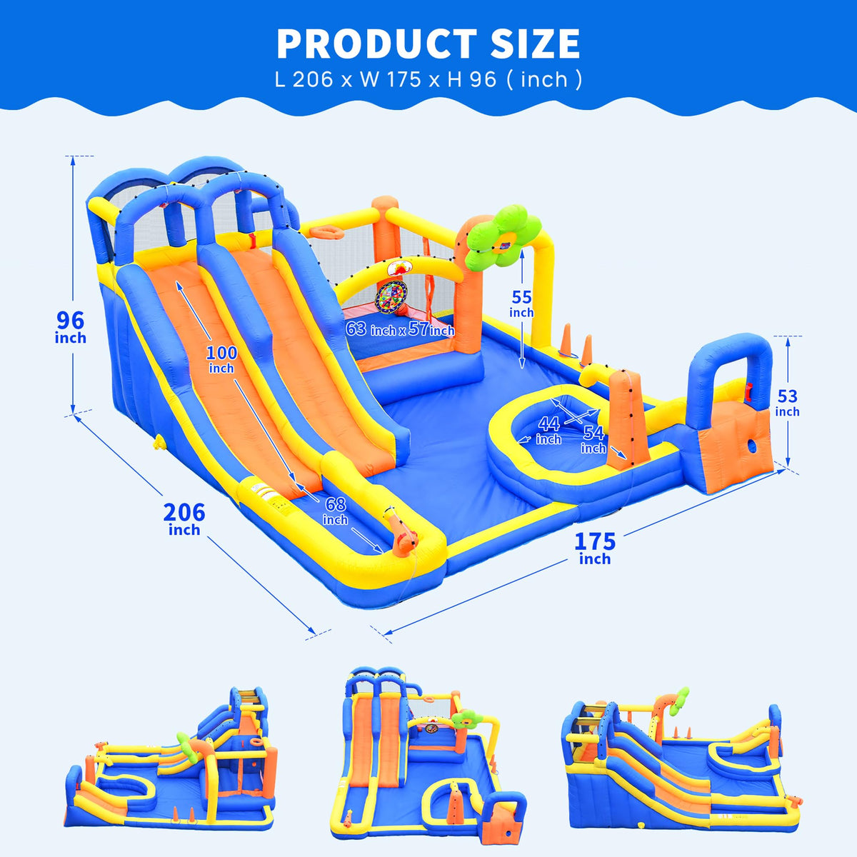 WELLFUNTIME 14 in 1 Inflatable Water Park with 3 Slides Bounce House, Dartboard, Ring Toss Game, 650W Blower, Backyard Waterslide for Kids