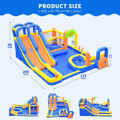 WELLFUNTIME 14 in 1 Inflatable Water Park with 3 Slides Bounce House, Dartboard, Ring Toss Game, 650W Blower, Backyard Waterslide for Kids