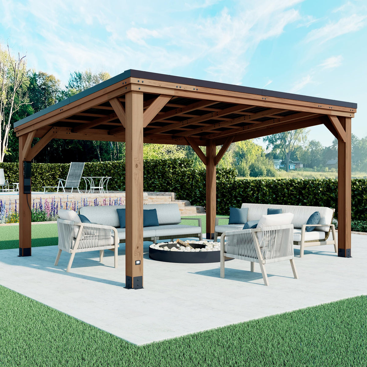Backyard Discovery Arcadia 14' x 12' Cedar Wood Outdoor Gazebo Pavilion with Hardtop Galvanized Steel Slope Roof, Snow Support, Wind Resistance, PowerPort, Shade for Garden, Patio, Deck, Entertaining