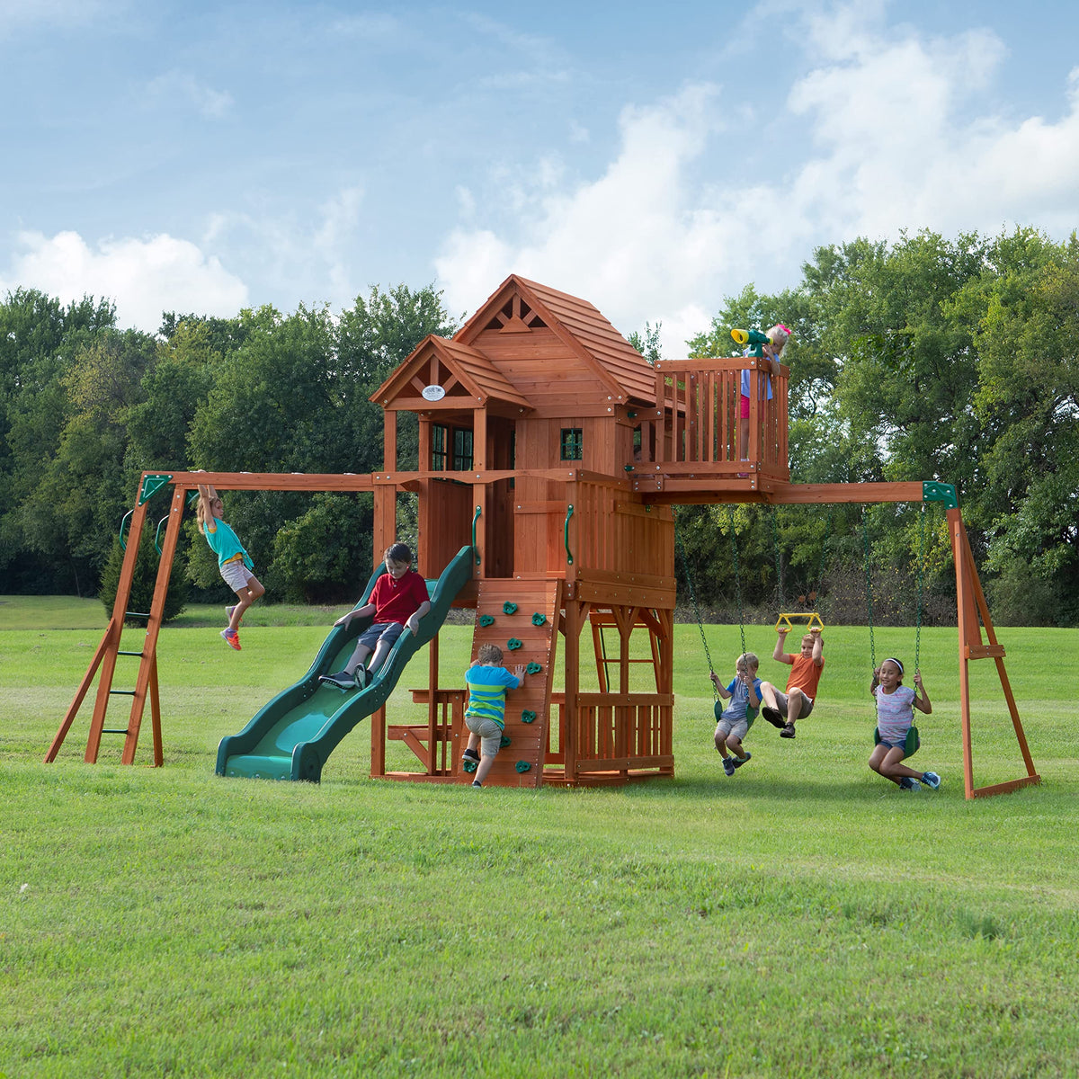 Backyard Discovery Skyfort II Cedar Wood Swing Set with Wave Slide, Raised Clubhouse, Crow's Nest, Monkey Bars, Balcony, Belt Swings, Trapeze, Rock Wall, Picnic Table, Sandbox, Ladder, Outdoor Playset