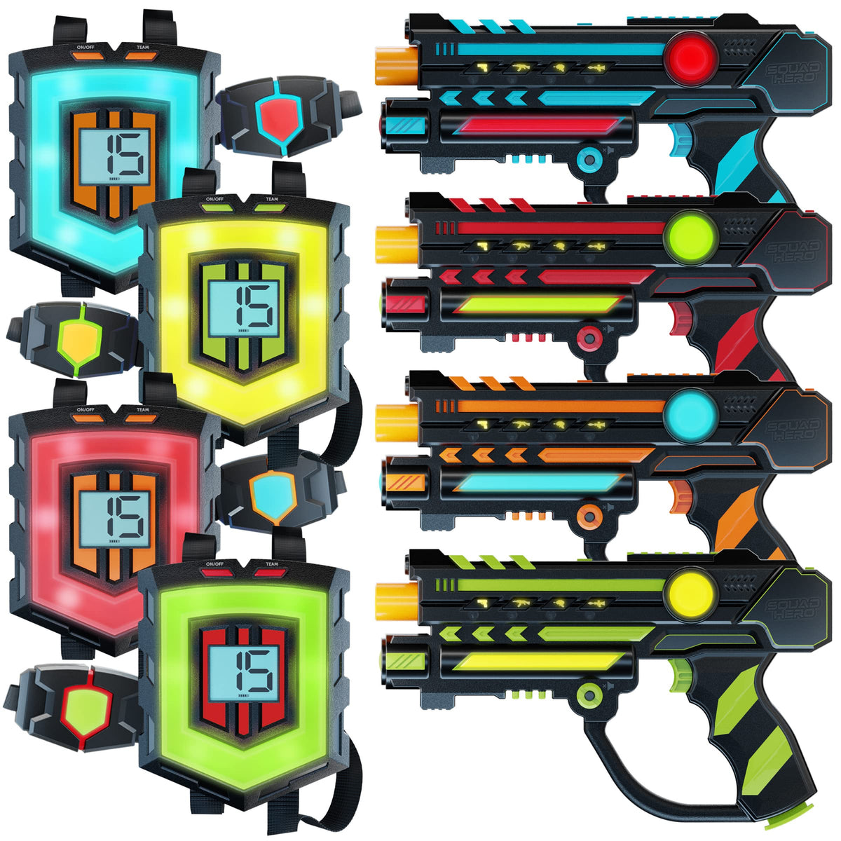 Squad Hero Rechargeable Laser Tag 360° Sensors + LCDs - Set of 4 - Birthday Gift Ideas for Kids Teens & Adults Boys & Girls Family Fun - Cool Teenage Lazer Group Activity, Teen Gifts Ages 8+ Year Old