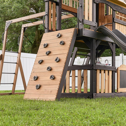 Backyard Discovery Rosewood Falls Cedar Wood Swing Set with Monkey Bars, Clubhouse, Crow's Nest, Play Kitchen, Wave Slide, Rock Wall, Belt Swings, Web Swing, Half Door, Chalkboard, Outdoor Playset