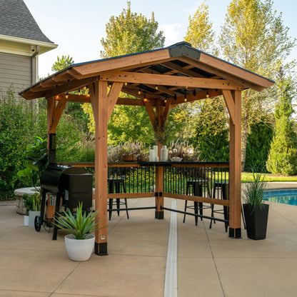 Backyard Discovery Granada 10' x 9' Cedar Wood BBQ Grill Gazebo Pavilion with Hardtop Galvanized Steel Roof, Bar Tops, Powerport, Snow Support, Wind Resistance, Cook Station for Outdoor Patio or Deck