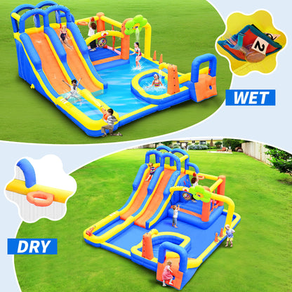 WELLFUNTIME 14 in 1 Inflatable Water Park with 3 Slides Bounce House, Dartboard, Ring Toss Game, 650W Blower, Backyard Waterslide for Kids