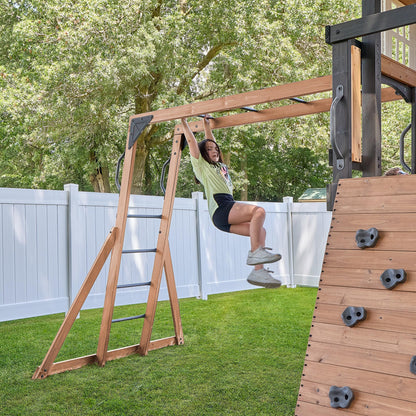 Backyard Discovery Rosewood Falls Cedar Wood Swing Set with Monkey Bars, Clubhouse, Crow's Nest, Play Kitchen, Wave Slide, Rock Wall, Belt Swings, Web Swing, Half Door, Chalkboard, Outdoor Playset