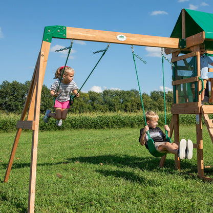 Backyard Discovery Buckley Hill Cedar Wood Swing Set with Wave Slide, Play Deck, Rock Wall Ladder, Belt Swings, Chalkboard, Canopy Roof, Outdoor Playset